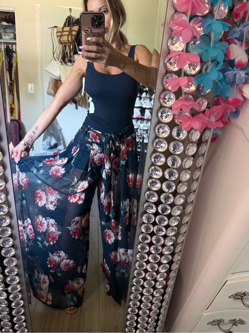 Abercrombie & Fitch Navy Wide-Leg Floral Chiffon Pants
